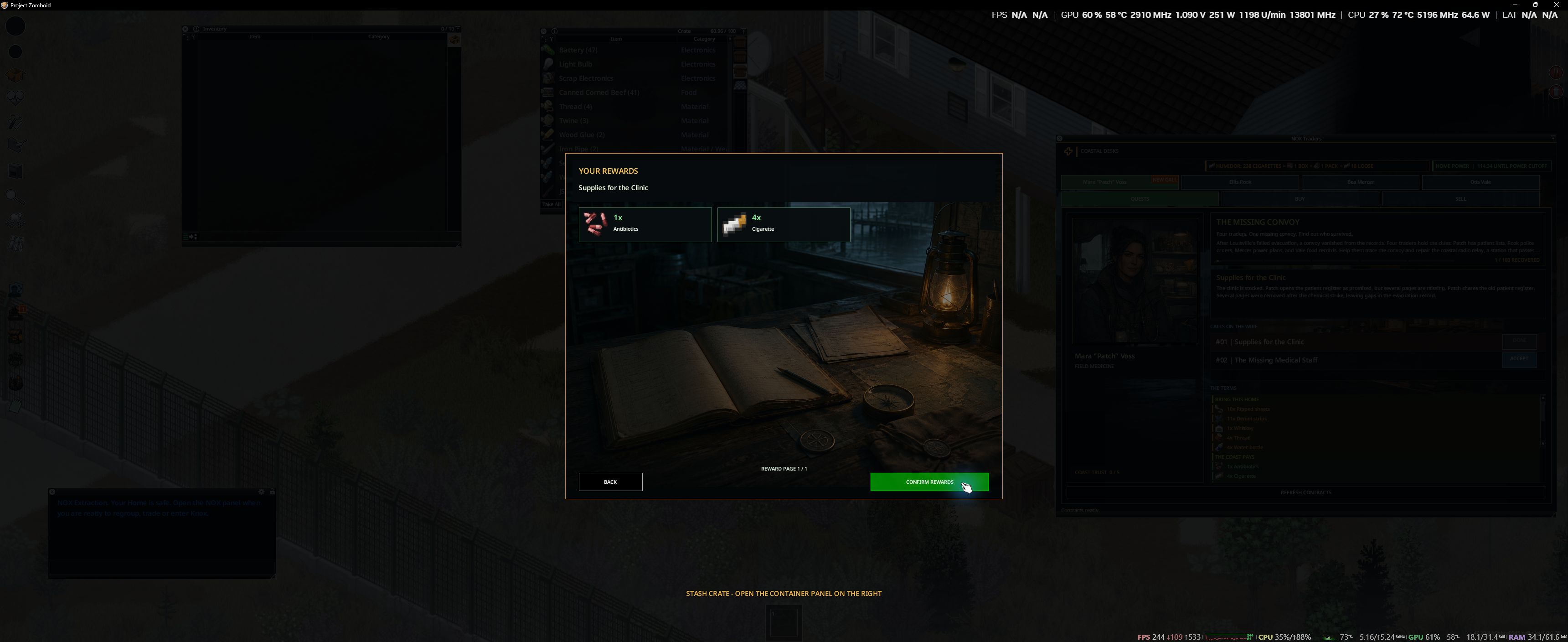 NOX quest rewards after completing Supplies for the Clinic: one antibiotics item and four cigarettes
