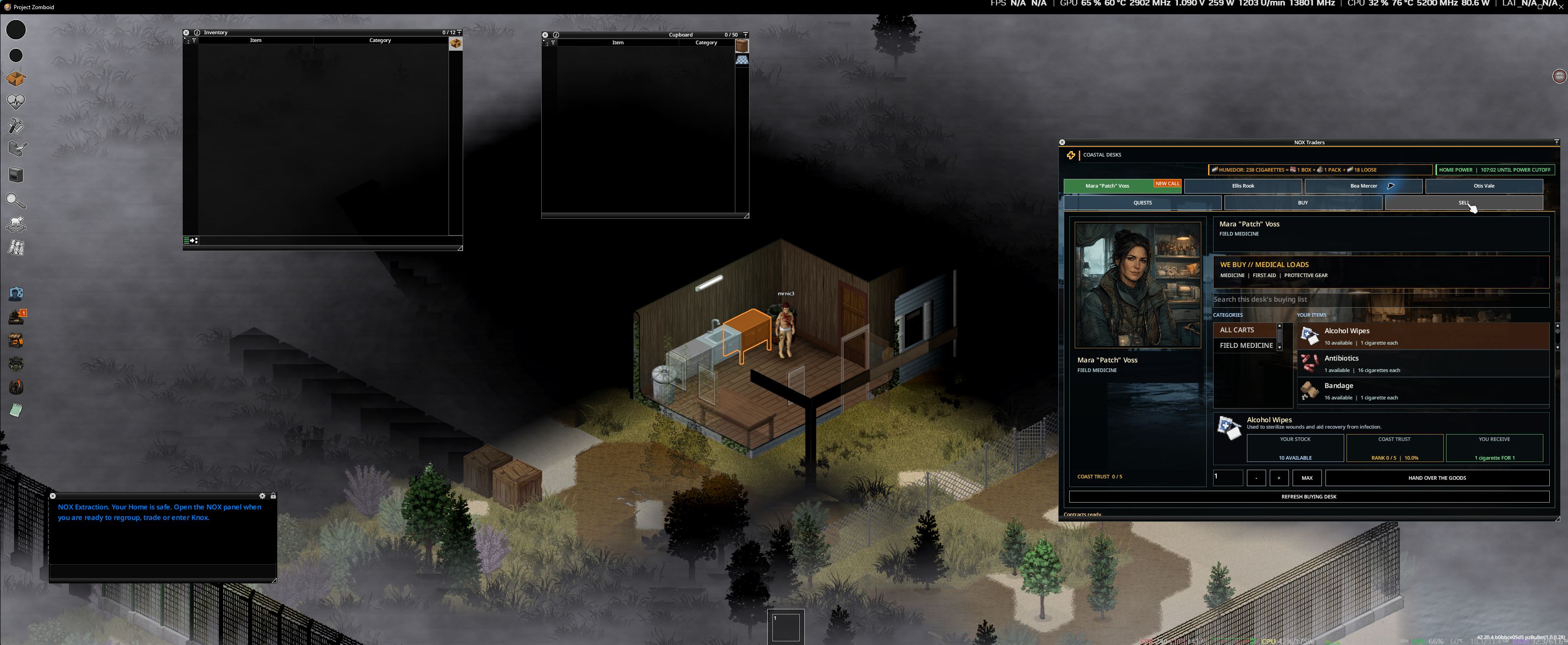 NOX trader Sell menu with large item icons, stored quantities, and cigarette payments