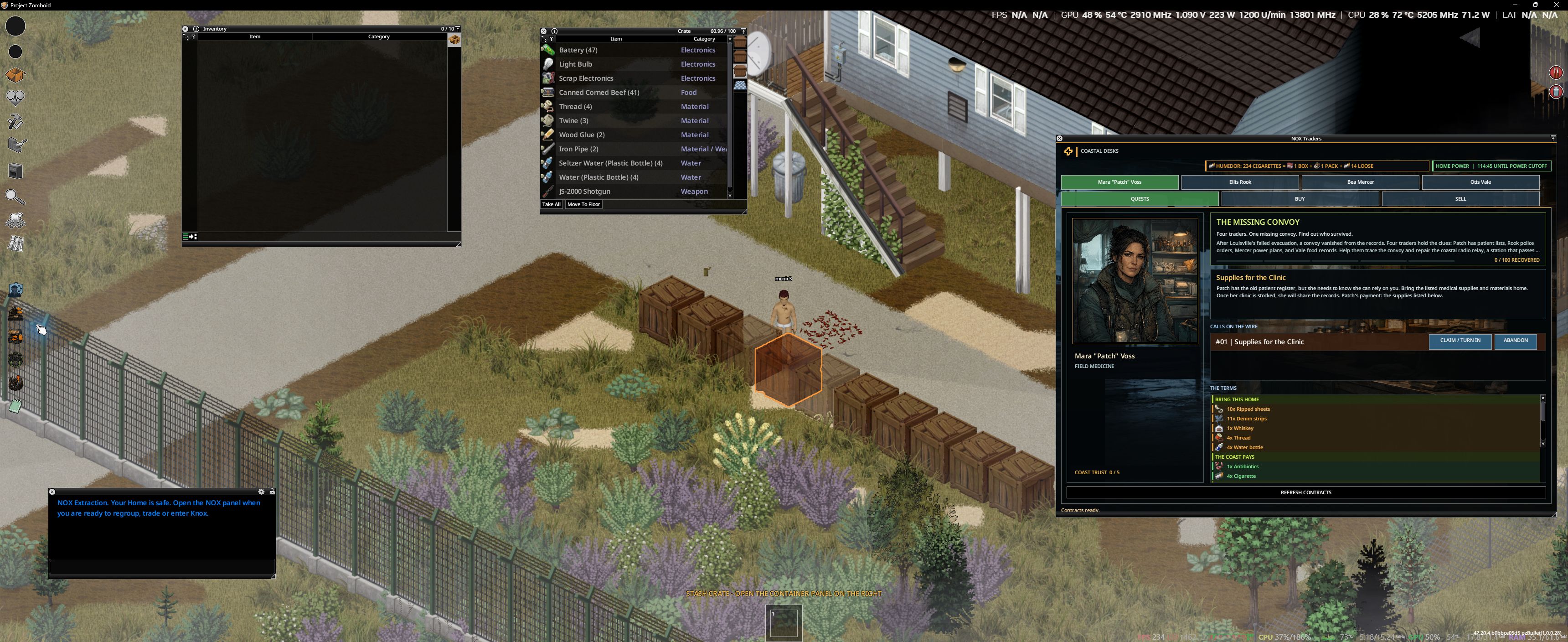 NOX Traders menu showing The Missing Convoy, a living trader portrait, and contracts